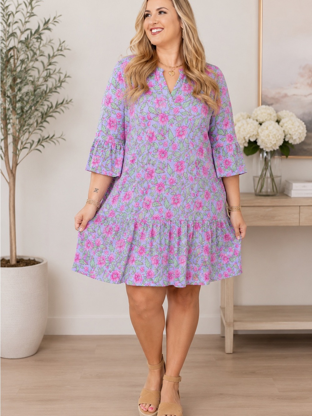 Plus Lavender Floral V-Neck Ruffle Hem Mini Dress